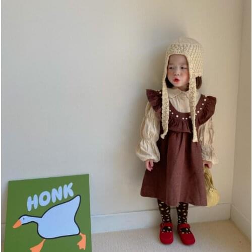 2021 Korea style girls 2 pcs set shirt+dress autumn cotton kids suit 3-8 years WU732