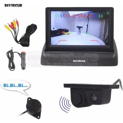 DIYSECUR 4.3 Inch Foldable Rear View Monitor Car Monitor + Waterproof Video Parking Radar Sensor Car Camera Parking System