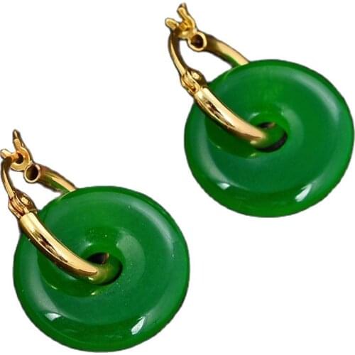GG Jewelry 18MM Round Ring Green Jade Snap Closure 14 KT Circle Hook Earrings