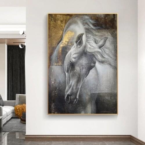 Canvas Painting ART Golden White Horse Pictures Animal Canvas Painting Wall Art for Living Room Decorative Posters and Prints