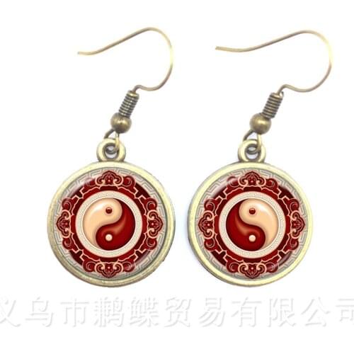Chinese Taoism Buddhism Symbol Jewelry Yin Yang Glass Drop Earrings Spiritual Yin-Yang Harmony Earrings