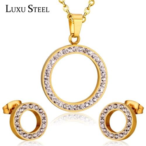 LUXUSTEEL Hollow Out Round Cubic Zirconia Pendant Necklace Earring Sets Bijoux Party Stainless Steel Chains Necklaces Wholesale