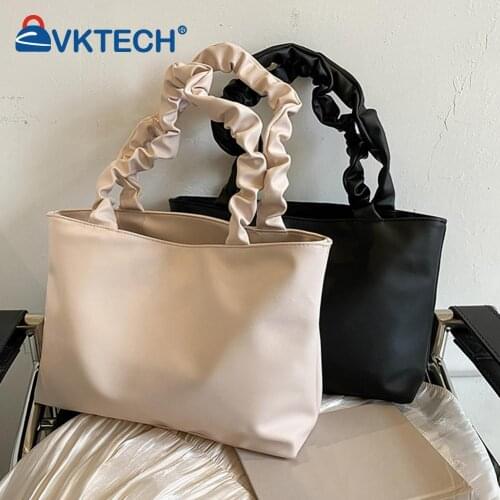 Fashion Women PU Leather Pleated Shoulder Shopping Bag Casual Ladies Solid Color Large Capacity Tote Handbags