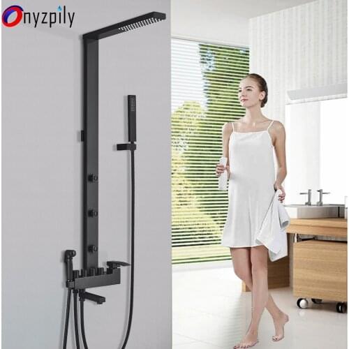 Onyzpily Matte Black Shower Faucet Set 103CM 4 Waterway Hot&Cold Water Mixer Faucet Shower Tap Wall Mounted