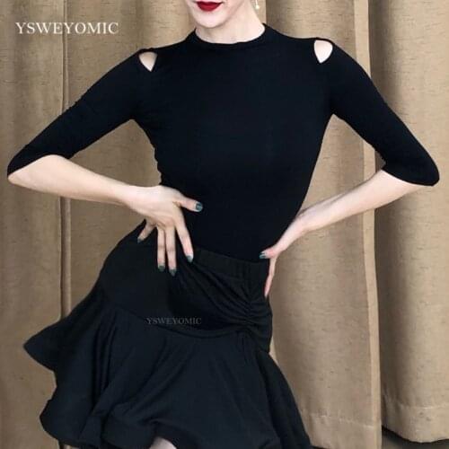 Fashion new Viscose Latin dance training clothing top for women and girsl vogue black middle modern Ballroom dance tops Y78