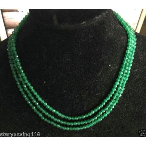 Free shipping NEW 4mm Faceted 3 Rows Genuine Natural Green beads necklace AAAA