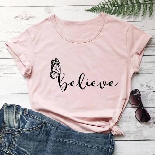 Believe Butterfly 100%Cotton Women Tshirt Christian Shirt Unisex Summer Casual Short Sleeve Top Faith Shirt Religious Shirts