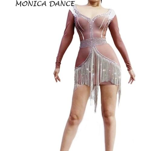 Sexy Stage Sparkly Crystals Fringes Dress Evening Party Long Sleeves Rhinestones Stretch Dress Birthday Celebrate Diamons Dress