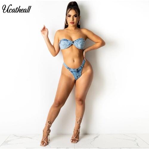 Sexy Jean Swimsuit Women 2 Pieces Set Wrap Front Denim Bra + Mini Shorts Womens Party Club Swimwear Bikini Suit