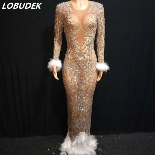 Silver Rhinestones Feather See Through Nude Dress Women Wedding Prom Full Stones Mesh Long Dress Singer Models Catwalk Dresses