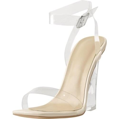 Women Transparent Wedges Summer Sandals Richealnana Open Square Toe High Heels Fashion PVC Ankle Strap Shoes Large Size US5-15