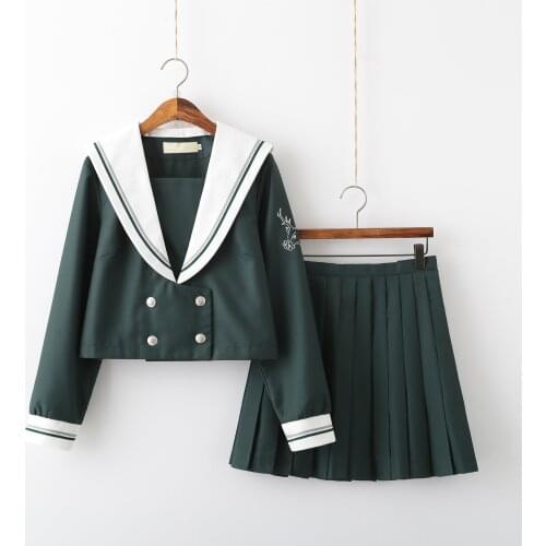 Japanese School Dresses Dark Green Sailor Suit Cosplay Anime Students Long-sleeved Top Pleated Skirt For Girl Jk Uniform Costume