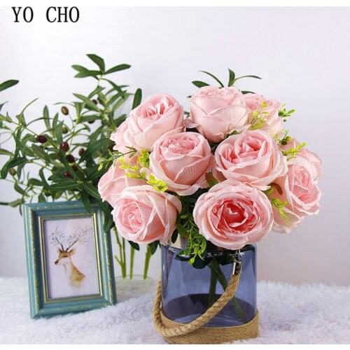 YO CHO Bridal Wedding Bouquet Real Touch Silk Rose Pink White Flower Arrangement DIY Home Party Prom Decoration Wedding Supplies