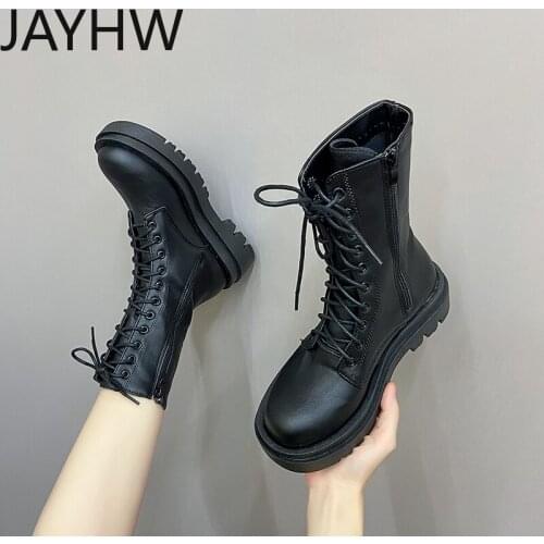 Large Size Womens Boots Wedge Heel Flat Shoes Ladies High Heels Thick-soled PU Leather Boots Lace-up Womens Shoes Black Boots