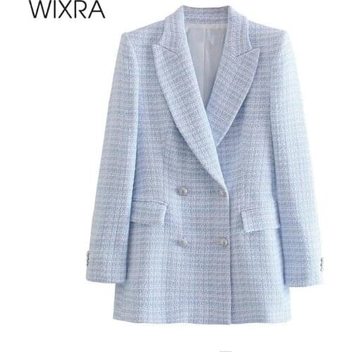 Wixra Women Double Breasted Tweed Blazer Long Sleeve Pockets Female OL Chic Plaid Checkered Tops New Hot