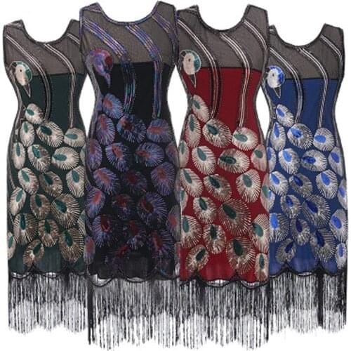 Plus Size 3XL Women 1920s Flapper Dress Vintage V-Neck Sleeveless Peacock Embroidery Great Gatsby Dress Sequin Fringe Party