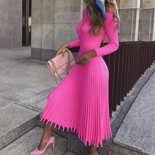 Women Pleated Dress 2019 Autumn Winter Elegant Office Ladies Mid Calf Causal A Line Maxi Long Dresses Party Vestidos
