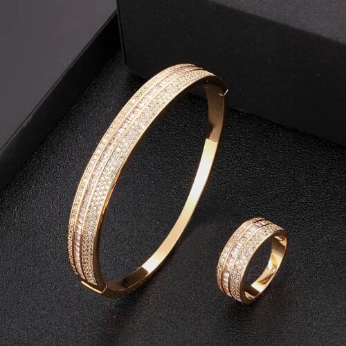 Zlxgirl Luxury brand mirco pave zircon bangle with ring jewelry sets three plated color women size wedding bangle ring 2pc sale