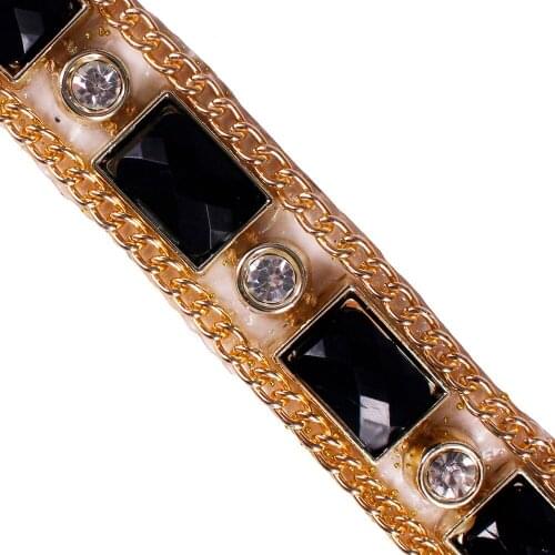 2yards Black Beaded Chain Motif Hot Fix Rhinestones Gold Trim Iron on Crystal Reel Costume Applique Sewing Accessories T2435