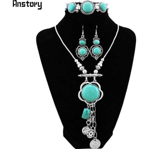 Flower Pendant Natural Turquoises Jewelry Sets Necklace Bracelet Earrings Vintage Antique Silver Plated Party Fashion Jewelry