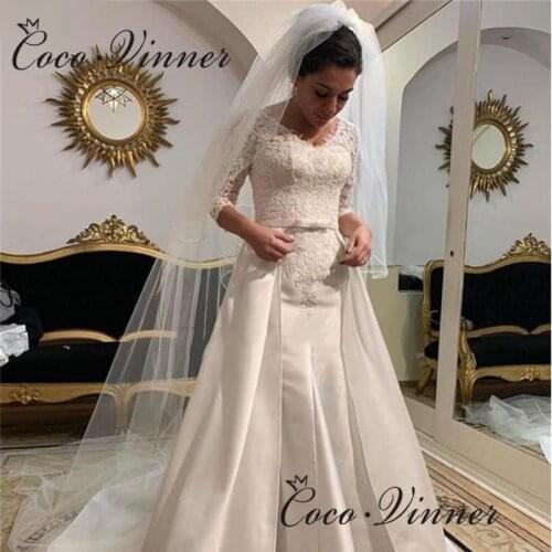 W0638 Europe Elegant Satin 2 IN 1 Wedding Dress Mermaid 2021 New Design 3/4 Sleeves Lace Appliques Removable Tail Wedding Gown