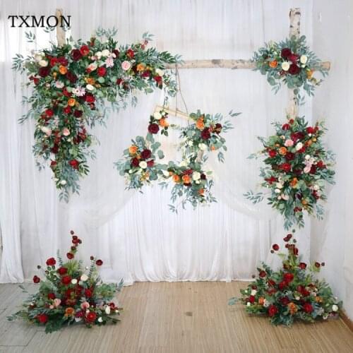 Wedding Artificial Flower Row Rose Willow Leaf Eucalyptus Fake Plants Arch Floral Road guideTable Flower Wedding Decor Props