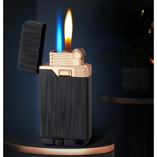 Personalized Double Fire Metal Classic Grinding Wheel Lights Open Flame Conversion Straight Blue Flame Windproof Lighter Gifts