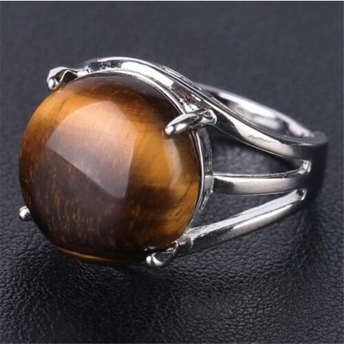 Fashion Crystal Ring For Women Natural Stone Ring Round Beads Casual Finger Rings Brown Quartz Silver Color Party Jewelry Gift