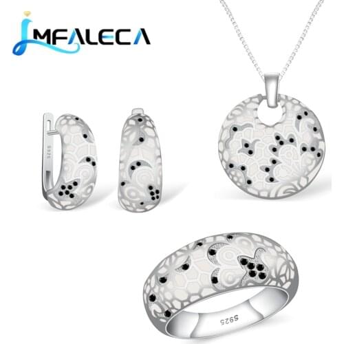 LMFALECA Silver Jewelry Sets for Women White Enamel Handmade Necklace Earrings Ring with Black Zircon Luxury Wedding Jewelry