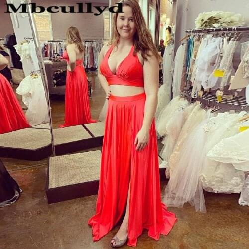 Mbcullyd Two Pieces Prom Dresses With Split 2020 Sexy V-neck Formal Evening Party Dress For Women vestidos de fiesta de noche