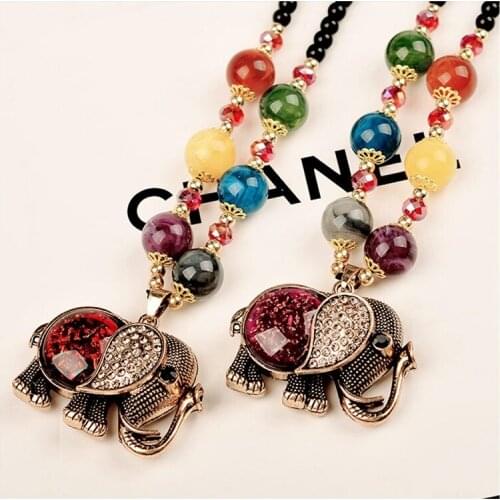 Heeda Boho Bohemia Fashion Lifelike Elephant Pendant Necklace for Women Graceful Joker Bead Long Sweater Chain Cloth Accessories