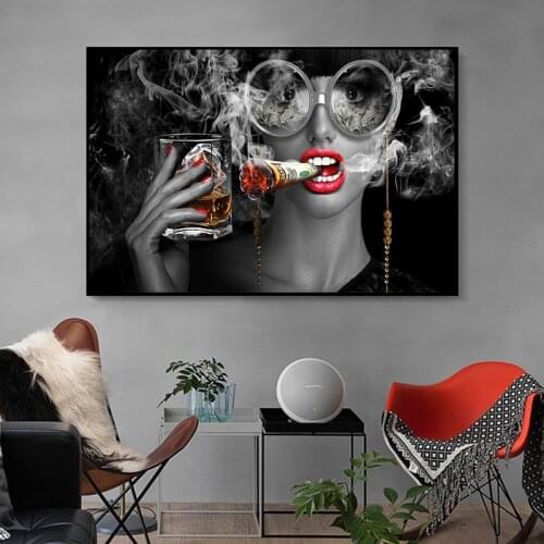Red Lip Fashion Woman Canvas Poster Black and White Cigarette Wall Art Print Painting Wall Pictures for Living room Home Decor