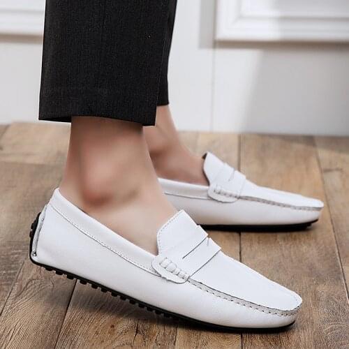Classic Summer Men Loafers Shoes Man Slip-On Casual Flats Mens Driving Shoes Genuine Leather Moccasins Lightweight Plus Size 49