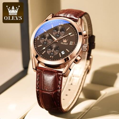 OLEVS 2021 Premium Brand Mens New Watch Leather Fashion Casual Quartz Movement Sports Chronograph Waterproof Calendar Watch