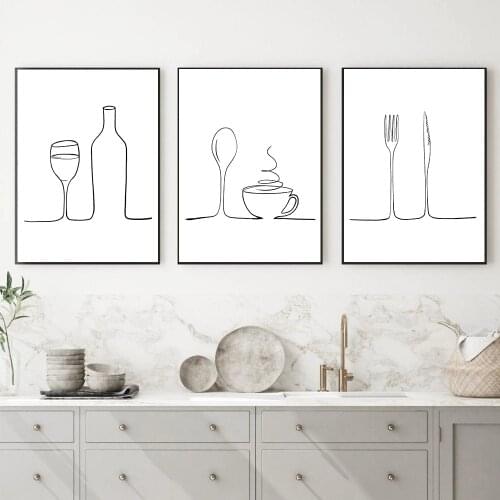 Nordic Minimalist Line Art Poster Dinner Wine Tea Time Pictures Print Kitchen Black White Canvas Painting Cafe Shop Home Decor