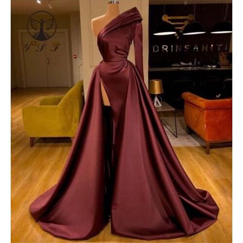 Simple but Elegant One Shoulder Pleated Long Sleeve High Slit Burgundy Evening Dresses