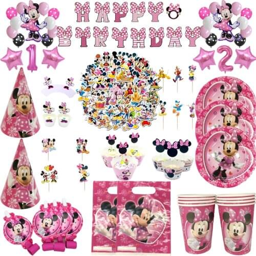 Pink Minnie Mouse Girls Kids Birthday Party Decorations Disposable Paper Cups Napkins Plates Straws Balloon Baby Shower Supplie