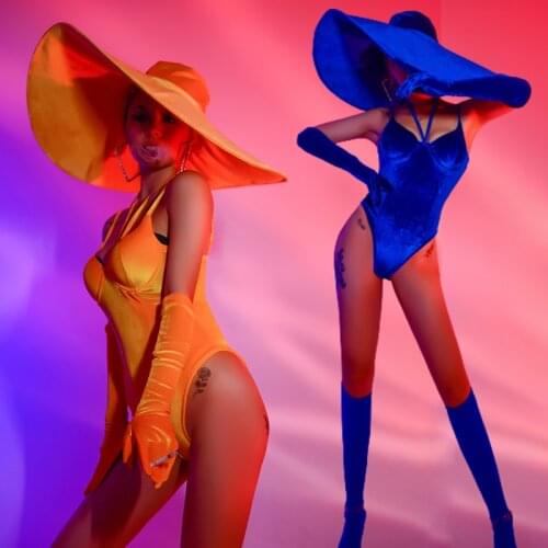 Sexy ladies bar performance clothes new nightclub dj personality retro gogo collar dance dress big hat jumpsuit glove suit