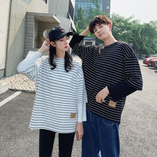 【 971】Spring/fall 2021 couples wear hoodie long sleeve T-shirt fake two striped tops couples clothes couples clothing