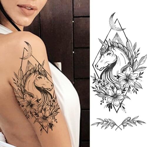 Waterproof Daisy Horse Temporary Tattoos Stickers Women Girls Black Flower Fake Tattoo Body Art Realistic Leaf Geometric Tatoo