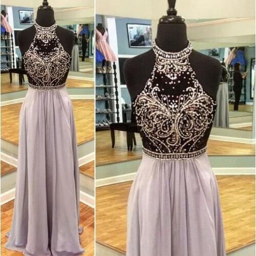 Beaded Prom Dresses 2019 High Neck Beading Pearls A Line Chiffon Crystal A Line Blush Evening Dresses Gowns