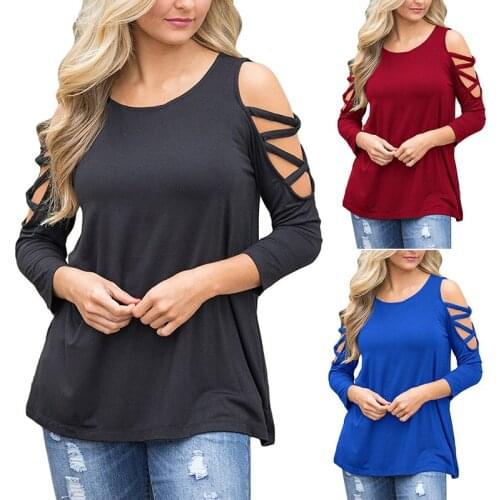 2021 Long Sleeve Off Shoulder Hollow Out Women T-Shirts O-Neck Fashion Spring Autumn Female Sexy Solid Color Tops Tee Shirt New