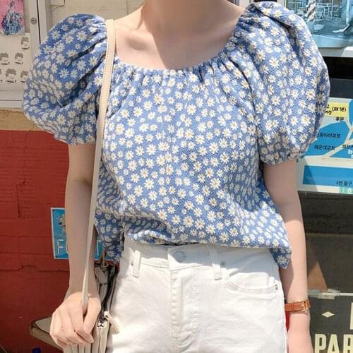 Square Collar Puff Sleeve Shirt Women Korean Chic Floral Daisy Print Crop Top Blouse 2021 Summer Casual All Match Blusas