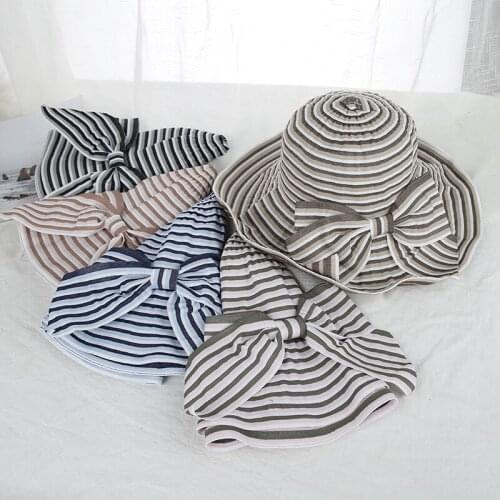 H7468 Cloth Bucket Hat Womens Summer Foldable Sunshade Sunscreen Fisherman Cap Female Travel Holiday Striped Bowknot Basin Hats