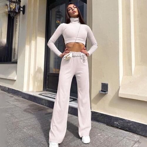 2021 autumn new fashion long-sleeved high-neck wide-leg pants suit street trendy slim sleeve pants ladies two-piece suit