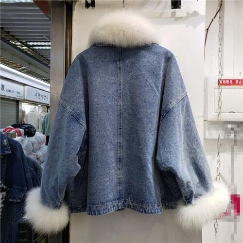 Winter Fox Fur Collar Denim Cotton Coat Women Plus Velvet Pockets Loose Casual Parka Streetwear Tassel Thick Warm Jackets