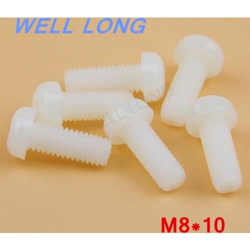 100pcs/lot M8*10mm White Round head cross nylon screws, pan head plastic screws, plastic bolts