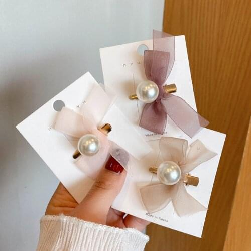 2021 Pure Color Lace Pearl Clips Bows for Baby Girls Chiffon Hair Pins Girls Hair Clips DIY Women Fashion Hair Accessories