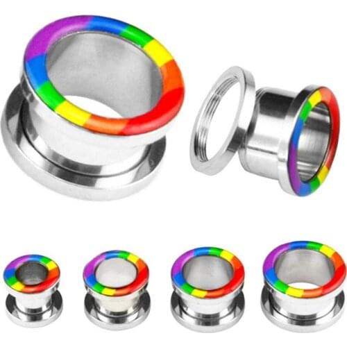 4 Pairs Stainless Steel Rainbow Unity Pride Flag Screw Fit Tunnel Plug Body Piercing Earring Gauge Expander Stretcher Jewelry