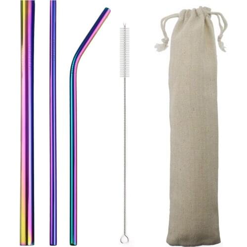 5pcs/set Rainbow Reusable 304 Stainless Steel Straw Metal Smoothies Drinking Straight Straws Silicone Tips with Brush Bag